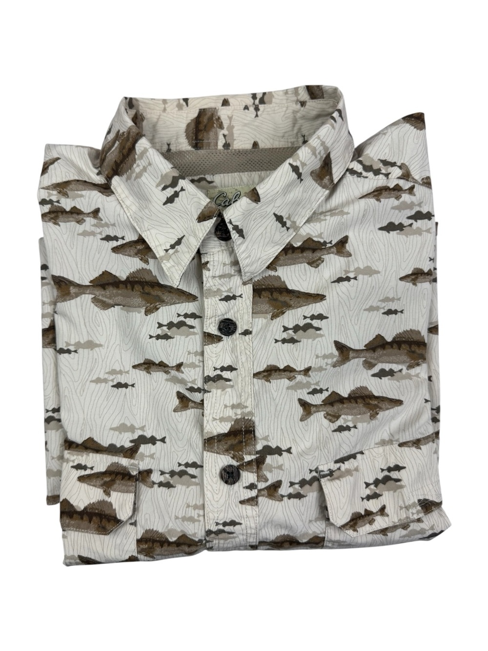Cabelas mens short sleeve vented fish print button down fishing shirt sz L
